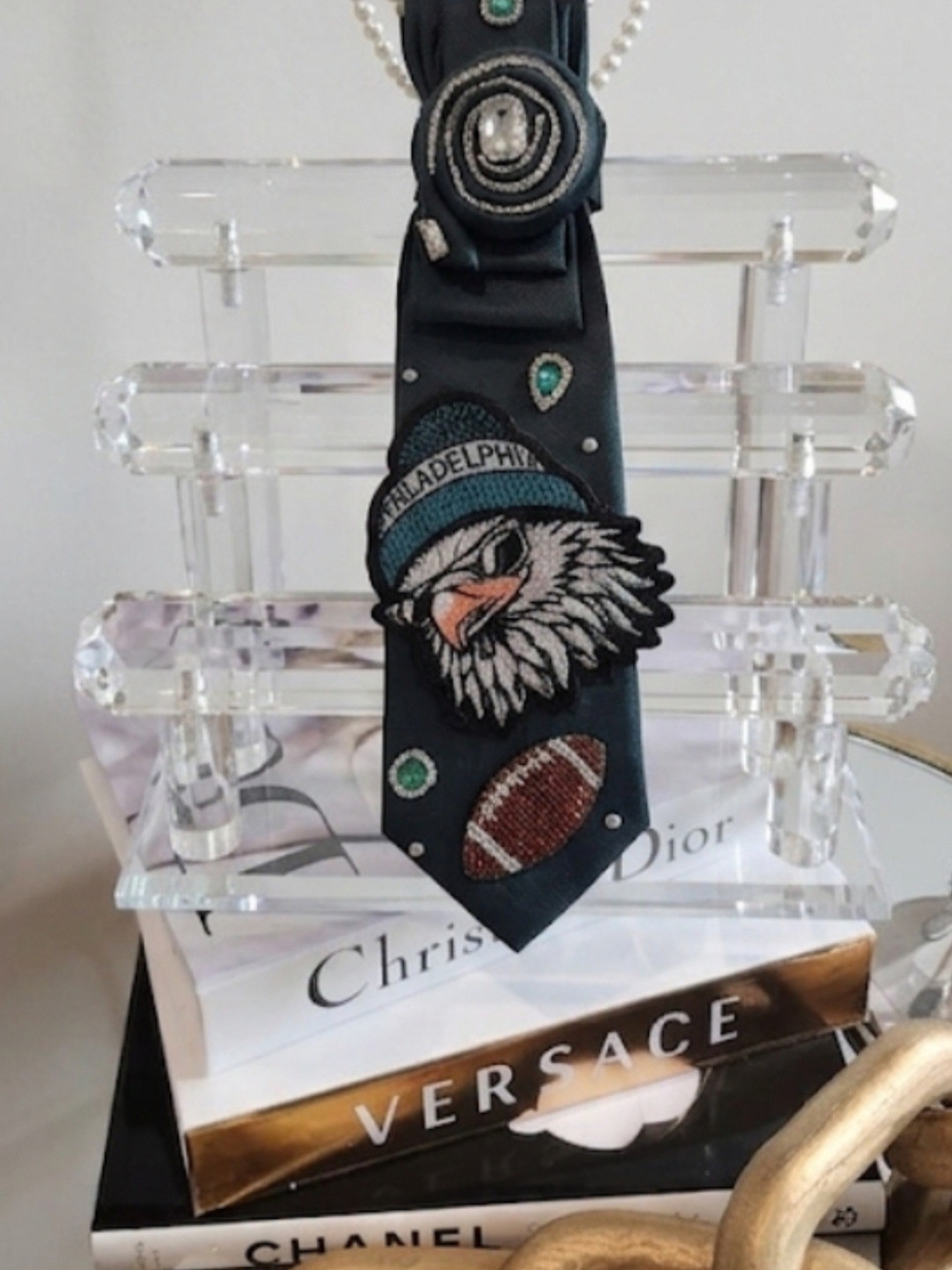 Women's Embroidered Eagles Football Statement Tie in Dark Green